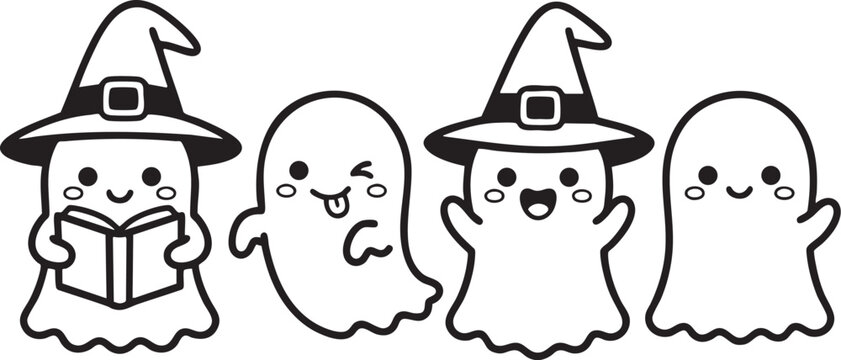 Halloween ghost characters with witch hats in a vector illustration design for spooky or festive use in graphic projects and templates.