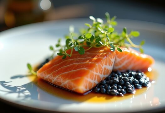 Lustrous Wild Caught Salmon Fillet Glazing Exquisite Over Return of Juicy Wild Ritzy Dish Presentation