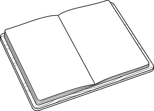Open blank notebook, clean pages ready for writing or drawing, simple line art illustration.