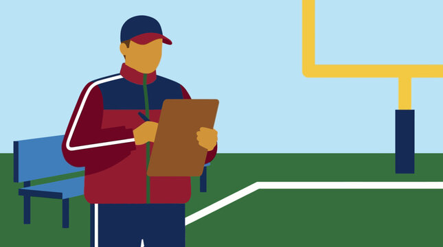 Illustration of a football coach holding a clipboard on a field, with a goal post in the background