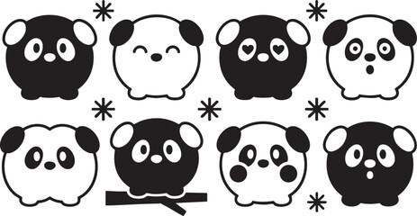 Vector panda faces illustration with various expressions and black white colors © Ajoy
