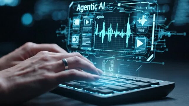 Hands Typing on Keyboard with Digital Interface Showcasing Agent AI Features and Applications in Modern Technology and Business Environments Gluon.