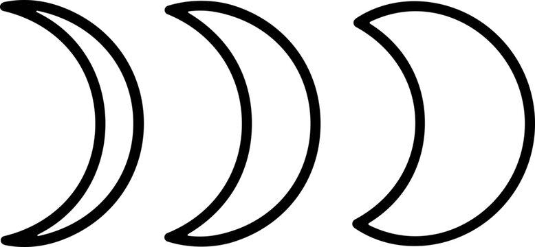 Three crescent moons, representing lunar phases, isolated on white background.