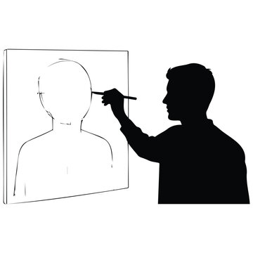 Artist drawing human portrait on canvas vector silhouette illustration of art process.