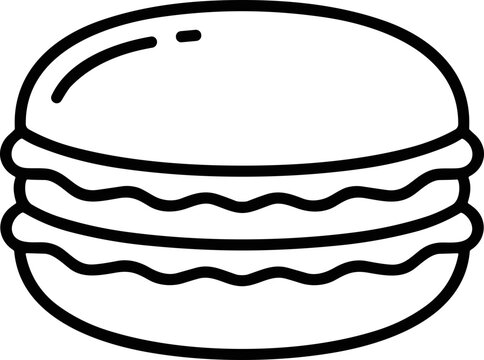 Minimalist outline of a single macaron cookie, simple line art drawing, isolated on white background.
