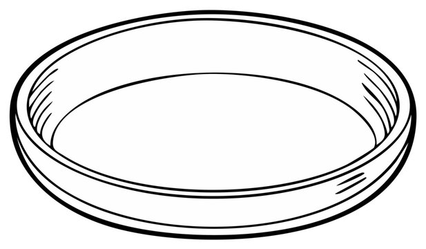 Ink drawing of an empty circular dish with a wide rim and shadows for visual depth.