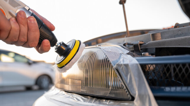 The process of polishing car headlights outdoors. 
