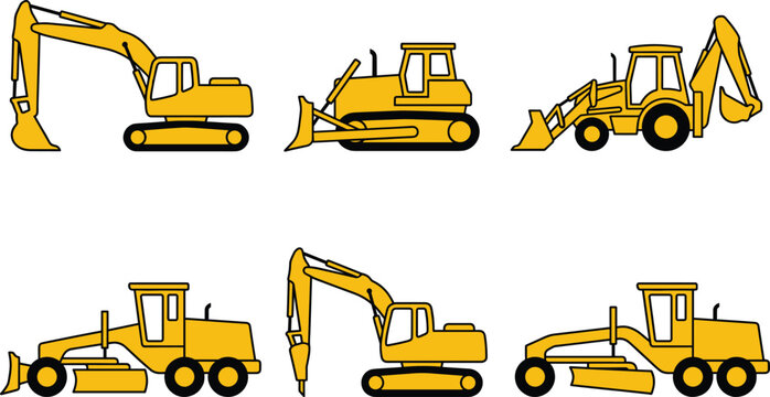 Heavy Construction Equipment Vector Set with Excavator Bulldozer Backhoe Loader Grader and Hydraulic Breaker Machines