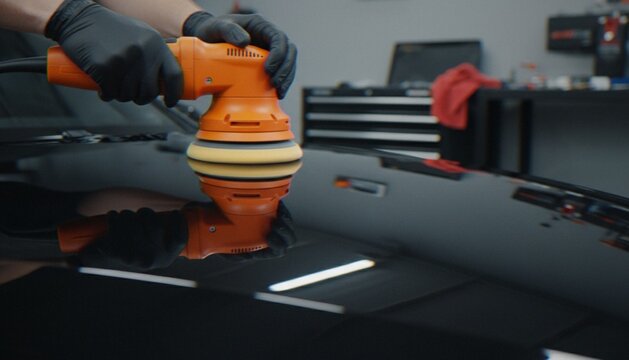 A professional car detailer wearing black gloves uses an orange rotary polisher to buff and shine the black glossy paintwork of a vehicle in an auto garage.