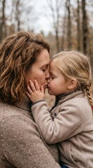 Fototapeta premium A tender moment between a mother and her young daughter sharing a loving kiss outdoors in a natural setting during autumn.