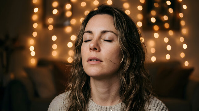 Portrait of a thoughtful woman with closed eyes wearing a cozy sweater with warm fairy lights glowing in the background.
