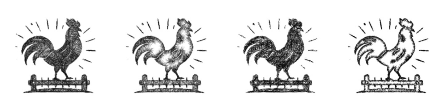 Black and white sketch rooster logo design set