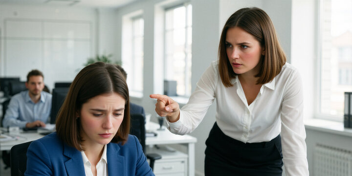 A determined young woman points accusingly at a downcast colleague in a modern, sunlit office with sparse furnishings.
