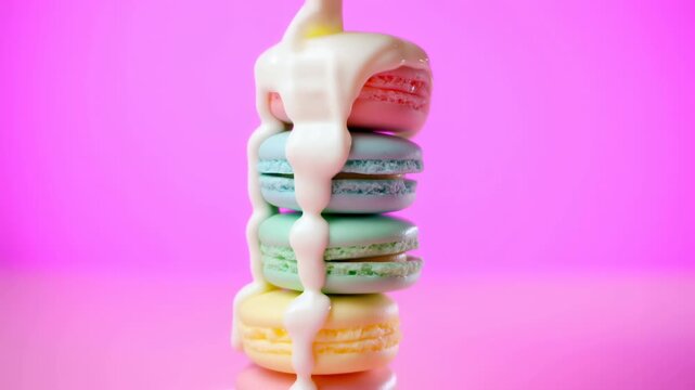 Pastel macarons stacked on a pink background