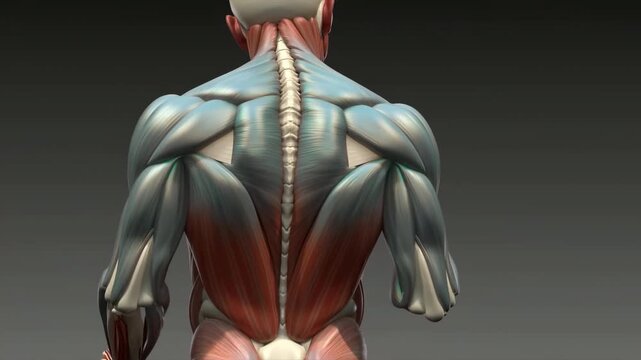Human back anatomy model with visible muscles and spine