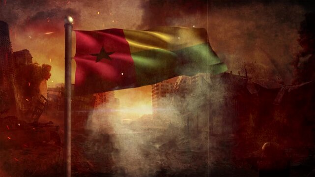 Guinea Biisau Flag with Cinematic Apocalypse Scene and Burning City