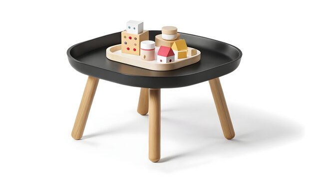 A small table with a wooden base and a black top
