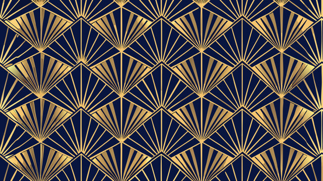 Elegant Art Deco Gold Fan Pattern on Navy Blue Background