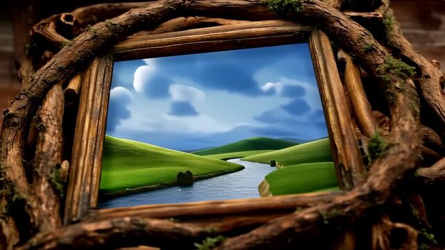 Wooden rustic frame opening a magic portal to a fantasy cartoon landscape with green hills, a river, and a cloudy blue sky, representing a gateway to imagination