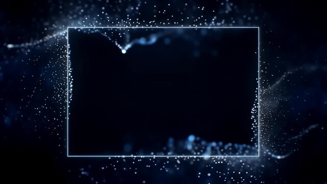 Luminous shimmering particles creating a brilliant glowing frame, a sophisticated border for text or logo with bokeh effect and a stylish deep blue background