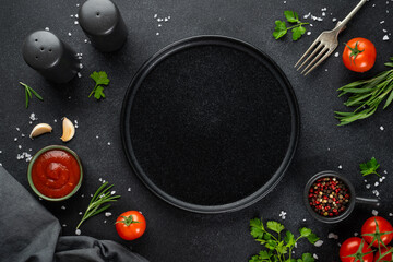 Fototapeta premium Black empty plate, Fresh herbs, spices and vegetables.