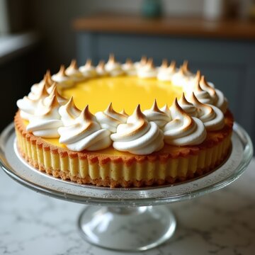 Lemon Meringue Pie Fluffy Peak Glass Cake Stand Culinary Creation Freshness Citrus Delight