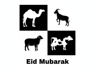 Obraz premium Eid Mubarak Graphic with Camel, Goat, Sheep, and Cow Silhouettes