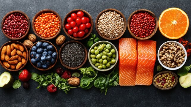 Healthy food variety, flatlay, dark background, recipe, nutrition