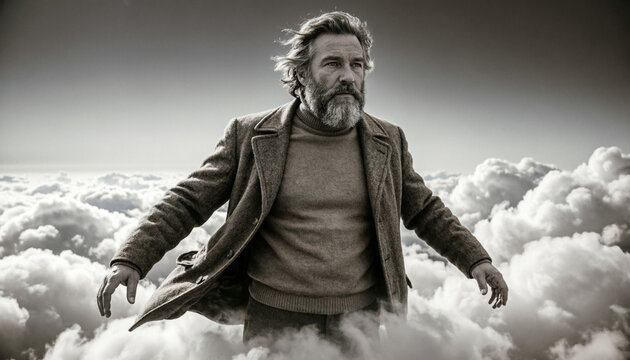 Dramatic Black And White Portrait Of Mature Bearded Man Standing Above Clouds