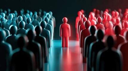 Obraz premium Two Groups Divided by a Standing Red Figure and Light Split
