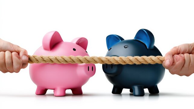 Financial Tug of War with Piggy Banks and Hands on Rope