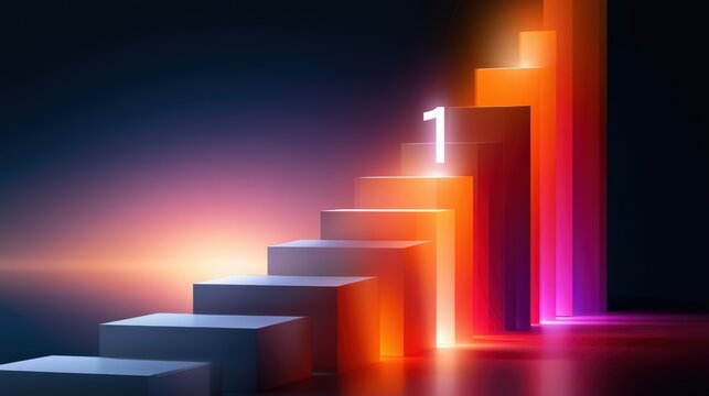 Achieving Success Concept with Glowing Staircase and Number One