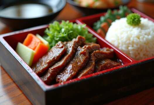 Teriyaki Beef on Steamed Rice Lacquered Bento Tray with Garnish