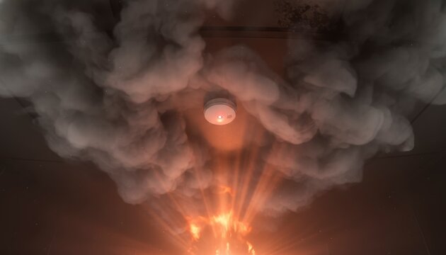Fire Alarm Triggered with Smoke and Light Effects in a Dark Room