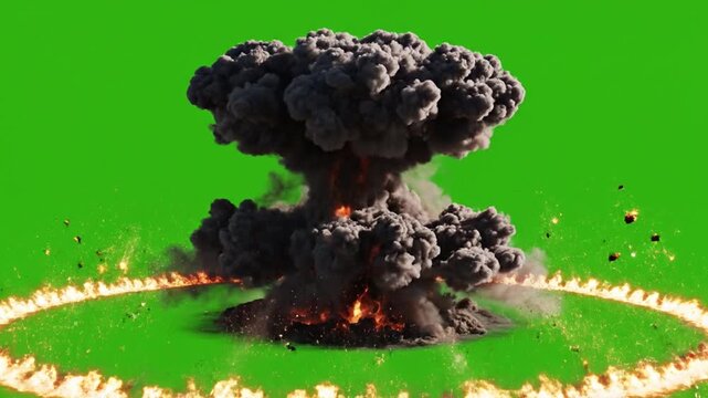 Explosive blast, fireball, smoke, destruction, green screen background