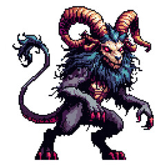 A creature with large horns, sharp claws, and a furry body is shown in pixel art style. It has a fierce gaze and stands in a bold pose, ready for action. The art captures movement and energy © MARI LI