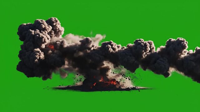 Dramatic explosion, smoke and fire, green screen background, destruction effect