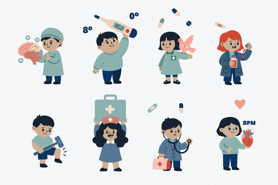 Cute Pediatric Medical Icons - Children with Stethoscope, Thermometer, First Aid