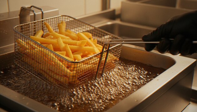 A close-up shot of a gloved hand holding a wire basket filled with golden-brown French fries as they are being removed from a deep fryer with bubbling hot oil.