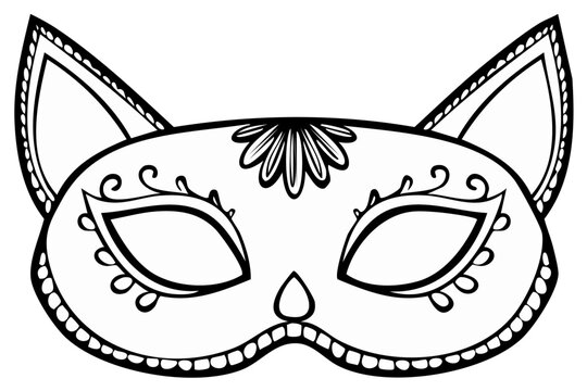 Elegant masquerade cat mask with detailed flourishes in vector format for easy customization and coloring page