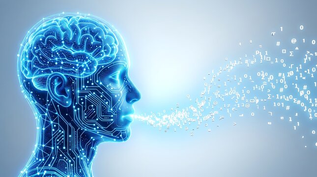 Abstract digital human head silhouette with circuit board pattern and data