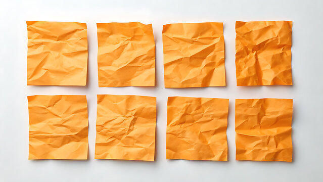 Eight crumpled orange sticky notes on white surface for writing  reminders