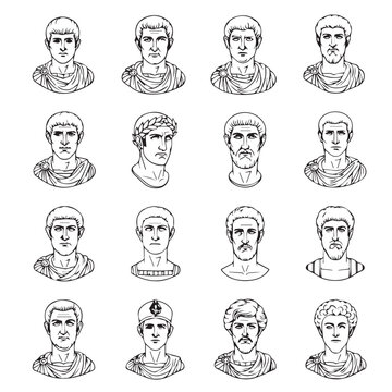 Collection of Roman Emperor busts with varied hairstyles and facial hair in a line against a white background