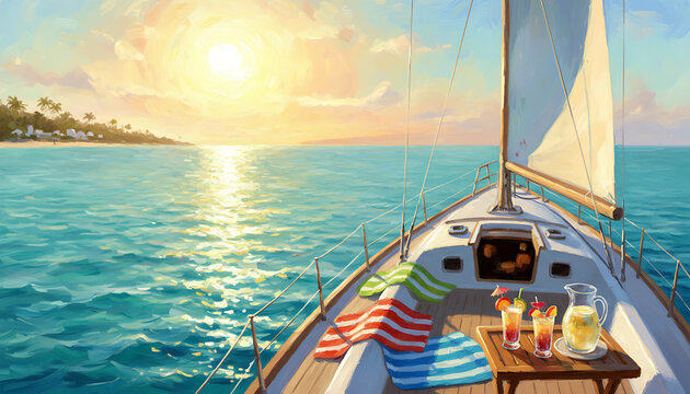 Sailboat on calm ocean water with drinks on deck at sunset