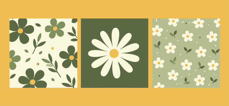 Retro Sage Green Floral Seamless Patterns and Daisy Icon Set