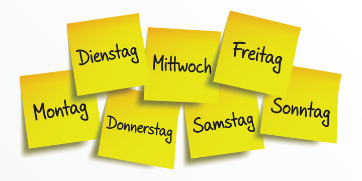 Deutsche Wochentage, mit schwarzem Marker auf gelbe Haftnotizen geschrieben. Freigestellte Post it Erinnerungsnotizen f&uuml;r Zeitmanagement, t&auml;gliche Terminplanung und gesch&auml;ftliche B&uuml;roorganisation.