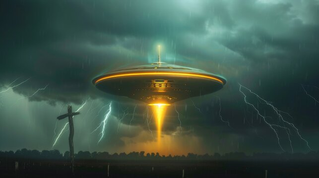 UFO hovers above a stormy field. Light beams descend from its glowing disk. Thunder rumbles as lightning strikes nearby. Solitary cross stands in the foreground