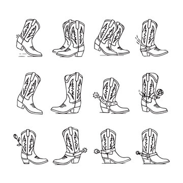 Cowboy boots collection in a clean graphic style with line art details and spurs