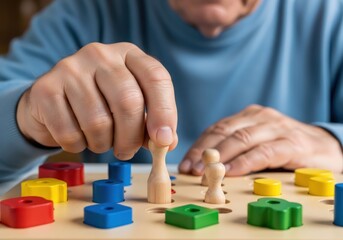 Naklejka premium Senior man playing logic game with wooden shapes. Elderly person developing cognitive skill and brain activity. Mental health care, rehabilitation and education concept for leisure time.