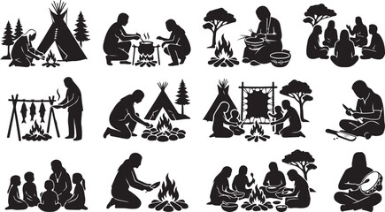 Indigenous people cooking food and gathering around campfire with teepee and trees isolated on white background, Vector © Shammi